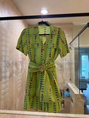 Karlie Lime Green Short-Sleeve Midi Dress with Floral Stripe Print